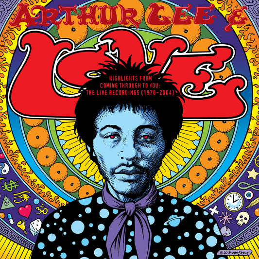 A colourful album cover for Coming Through You featuring a portrait of Arthur Lee with the band Love, highlighting their live recordings from 1970-2004. 