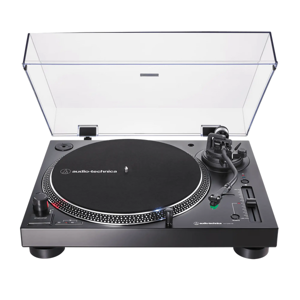 front view of the Audio-Technica AT-LP120XBT-USB record player, direct-drive turntable, Bluetooth and USB vinyl playback
