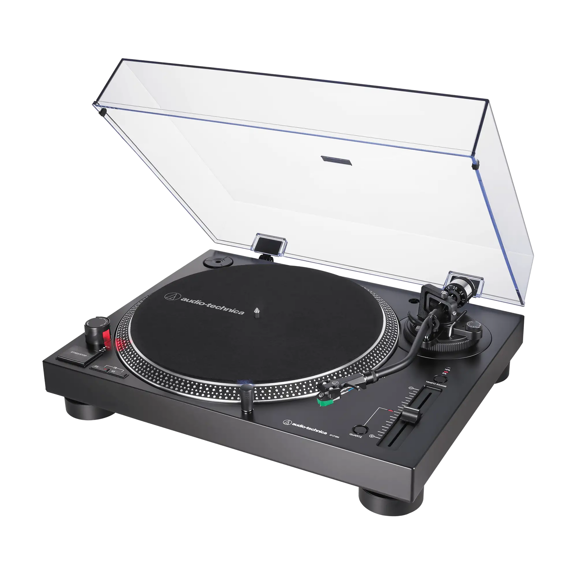 side view of Audio-Technica AT-LP120XUSB record player black, direct-drive turntable, built-in phono preamp, USB vinyl playback