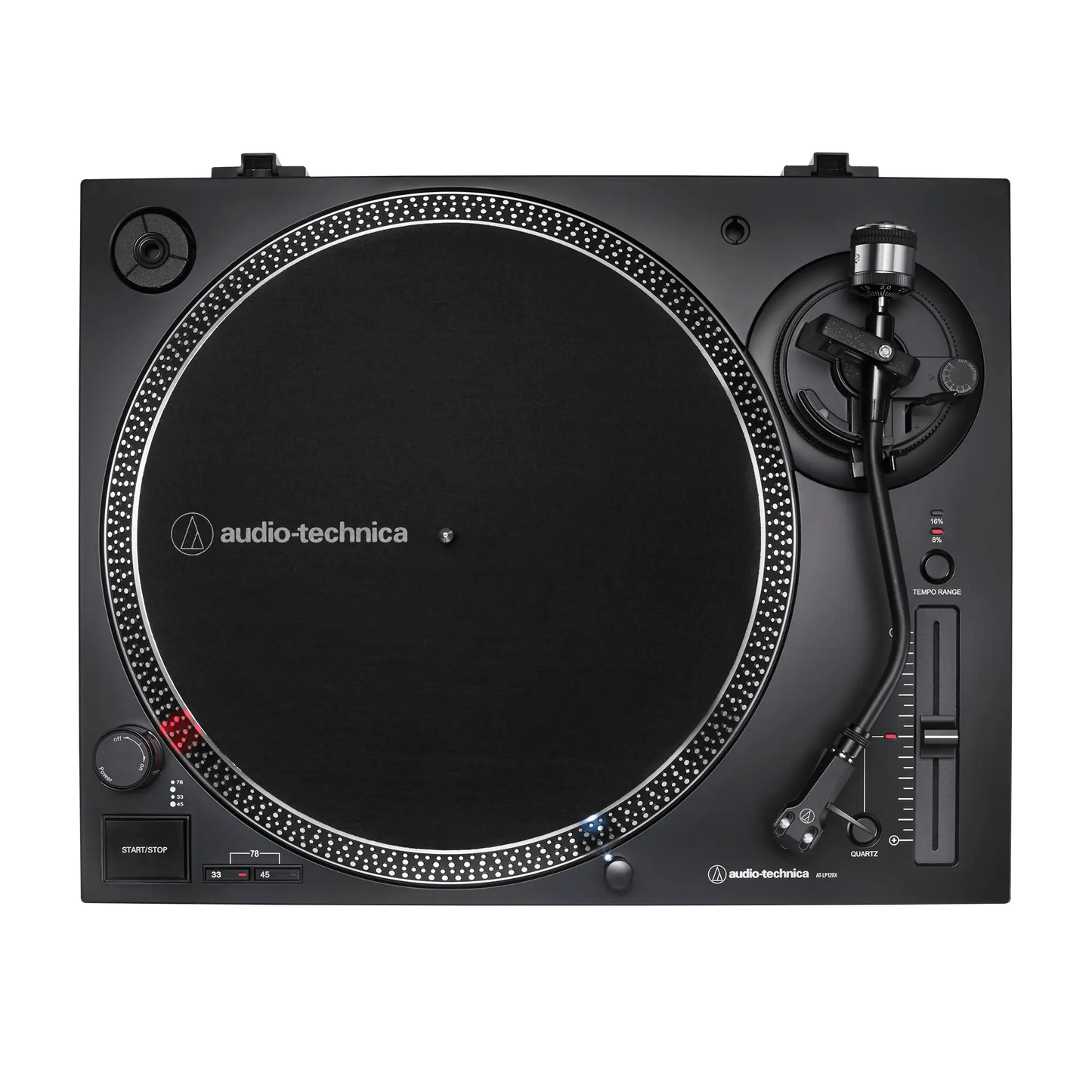 top view of Audio-Technica AT-LP120XUSB record player black, direct-drive turntable, built-in phono preamp, USB vinyl playback