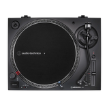 top view of Audio-Technica AT-LP120XUSB record player black, direct-drive turntable, built-in phono preamp, USB vinyl playback