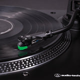close up of Audio-Technica AT-LP120XUSB record player cartridge and tonearm