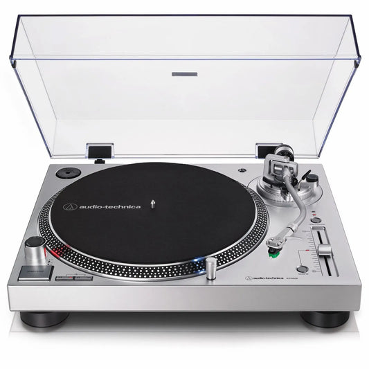 Audio Technica AT-LP-120xUSB Turntable in silver color with a clear lid, visible needle, and control knobs.