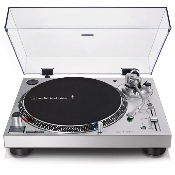 Audio Technica AT-LP-120xUSB Turntable in silver color with a clear lid, visible needle, and control knobs.