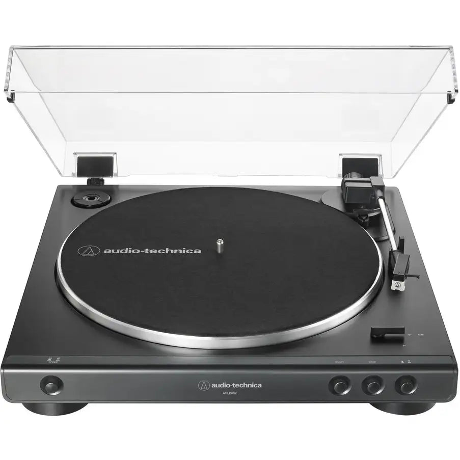 front view of the Audio-Technica AT-LP60X record player black, fully automatic belt-drive turntable