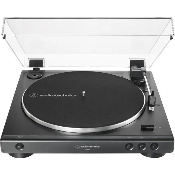 front view of the Audio-Technica AT-LP60X record player black, fully automatic belt-drive turntable