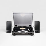Front view of Audio-Technica AT-LP60X fully automatic turntable with AT SP-105 speakers, entry-level record player, plug-and-play vinyl system