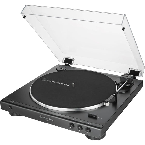 Front right side of Audio-Technica AT-LP60XBT record player in black