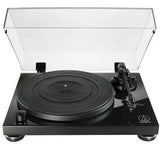 Audio-Technica AT-LPW50PB turntable piano black, belt-drive record player, sleek glossy finish with raised clear cover
