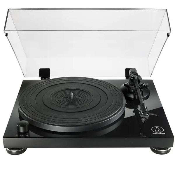 Audio-Technica AT-LPW50PB turntable piano black, belt-drive record player, sleek glossy finish with raised clear cover