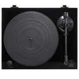 View from above of Audio-Technica AT-LPW50PB turntable piano black, belt-drive record player with sleek glossy finish