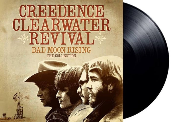 Vinyl LP record album cover for Creedence Clearwater Revival - Bad Moon Rising - The Collection, featuring a sepia-toned photograph of band members with a backdrop of a windmill and a rural landscape.