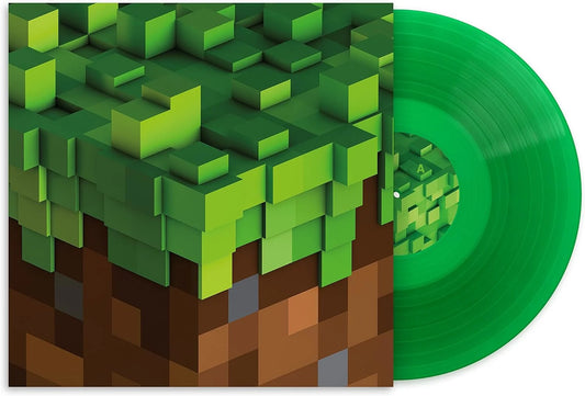 Vinyl record with a green and brown block design resembling Minecraft terrain