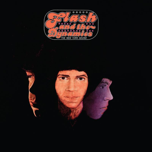 A vinyl LP record titled 'Flash And The Dynamics - The New York Sound' with a orange, purple and black cover featuring silhouettes of the band members faces