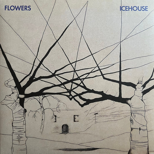 Vinyl LP cover art for 'Flowers - Icehouse, E.U.' featuring a gatefold design with a sketch of tree branches and a building.