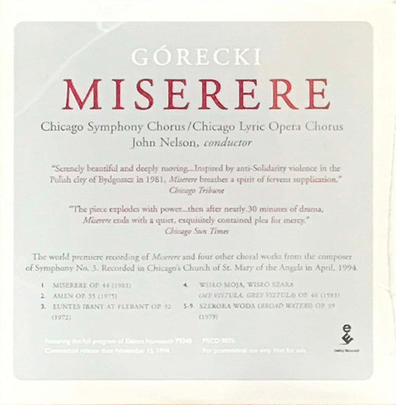Górecki – Miserere, US 1994 Elektra Nonesuch – PRCD 9076. Cardboard Promo. CD