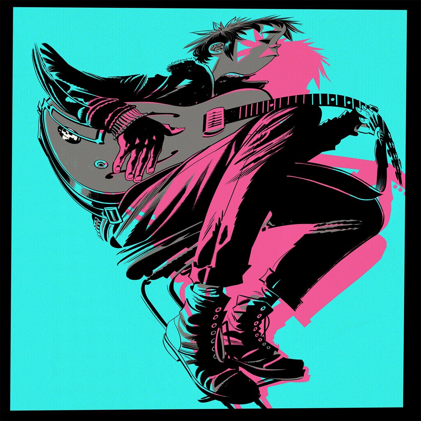 The Now Now vinyl LP by Gorillaz cover art featuring an illustration of a cartoon character playing a guitar with a vibrant, neon-coloured background.
