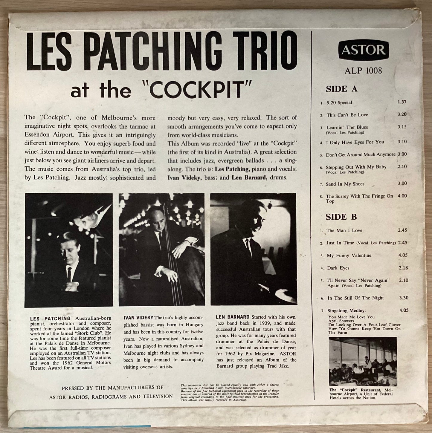 Les Patching Trio ‎– At the Cockpit, Australia 1963 Astor ‎– ALP 1008