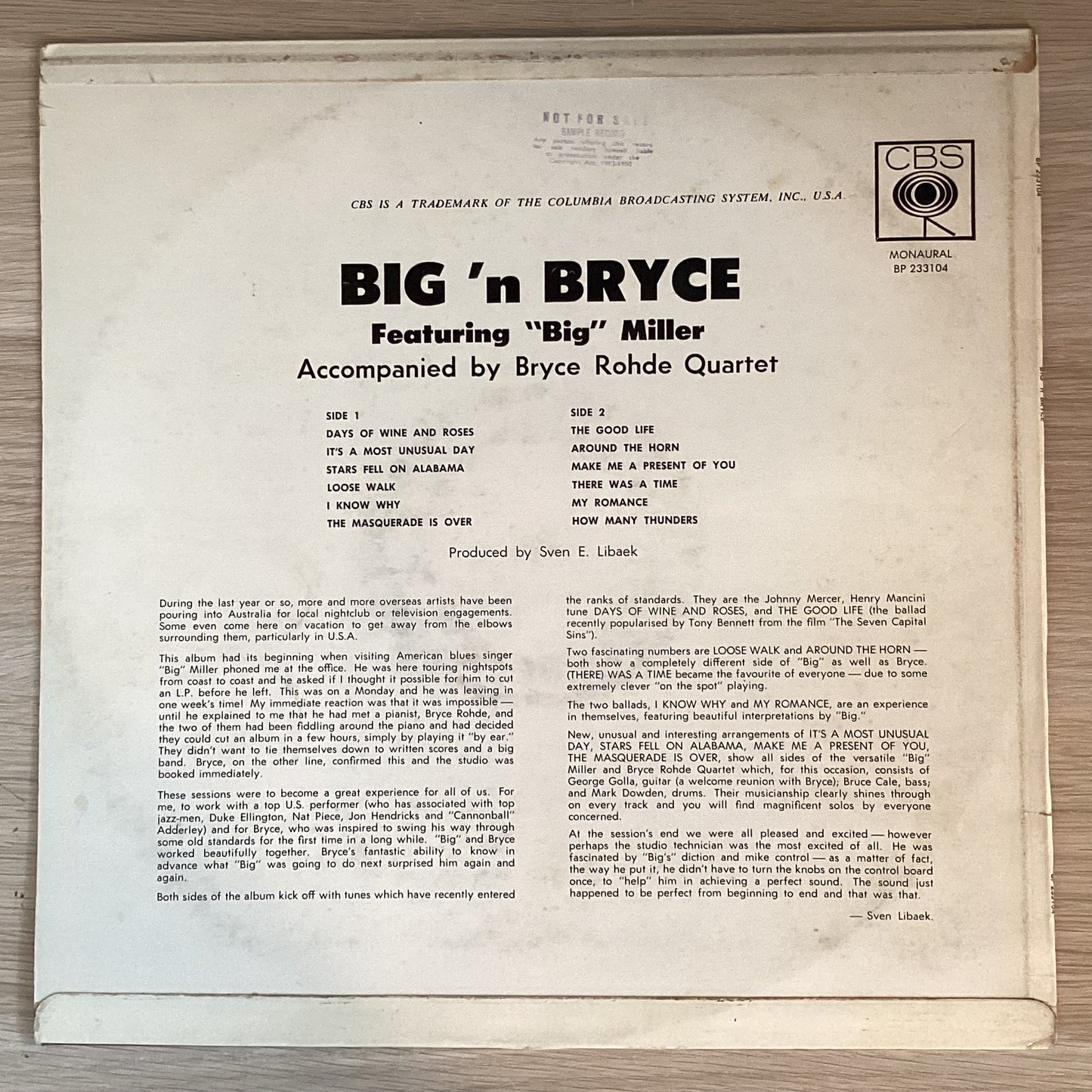 Big Miller Accompanied By Bryce Rohde Quartet – Big 'N Bryce, Australia 1964 CBS – BP 233104