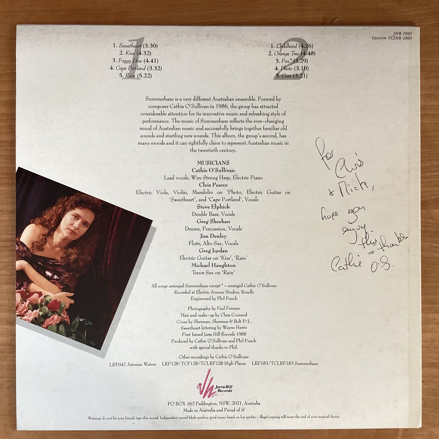 Summerhaze ‎– Sweetheart. Autographed by Cathie O'Sullivan. Jarra Hill Records ‎– JHR 2005