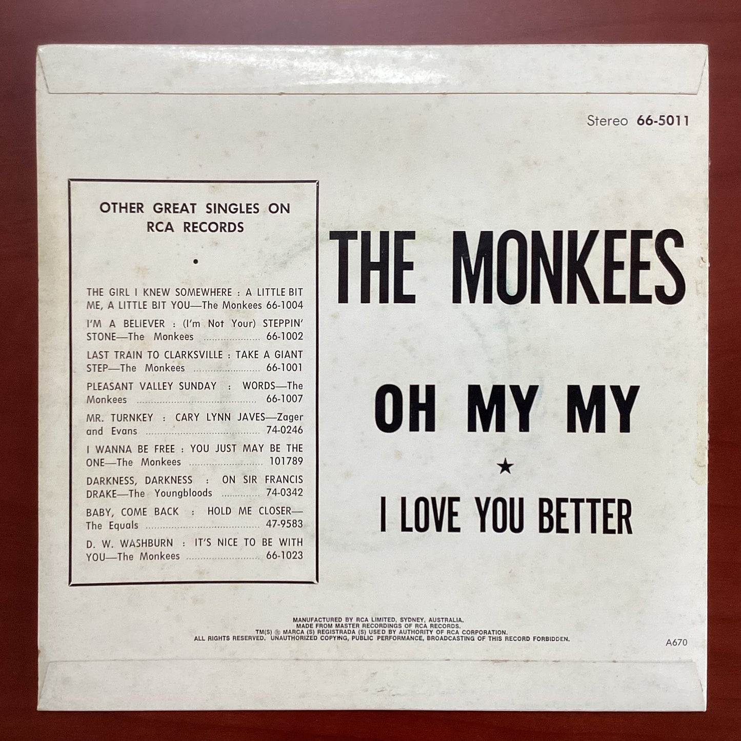 The Monkees, Oh My My - I Love You Better, Australia 1970 RCA Victor ‎– 66-5011