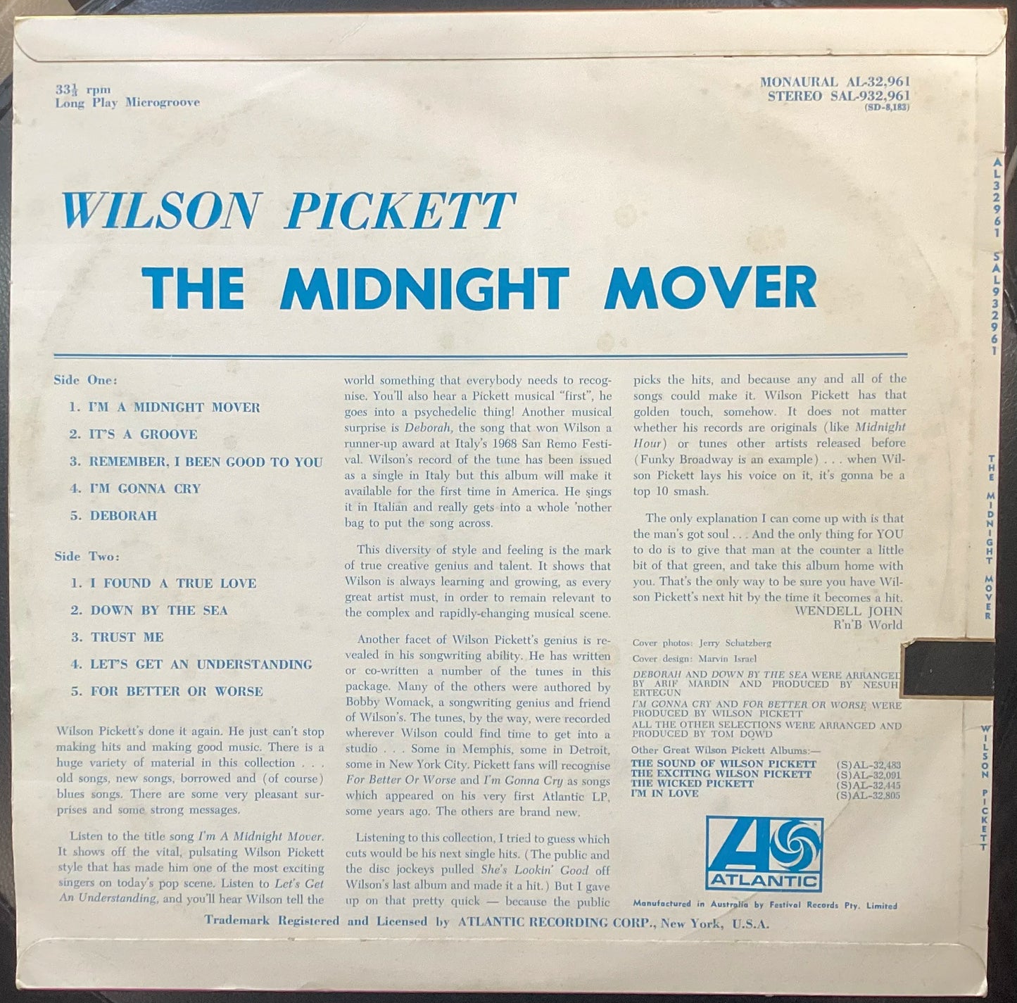 Wilson Pickett ‎– The Midnight Mover, Australia 1968 Stereo Vinyl LP