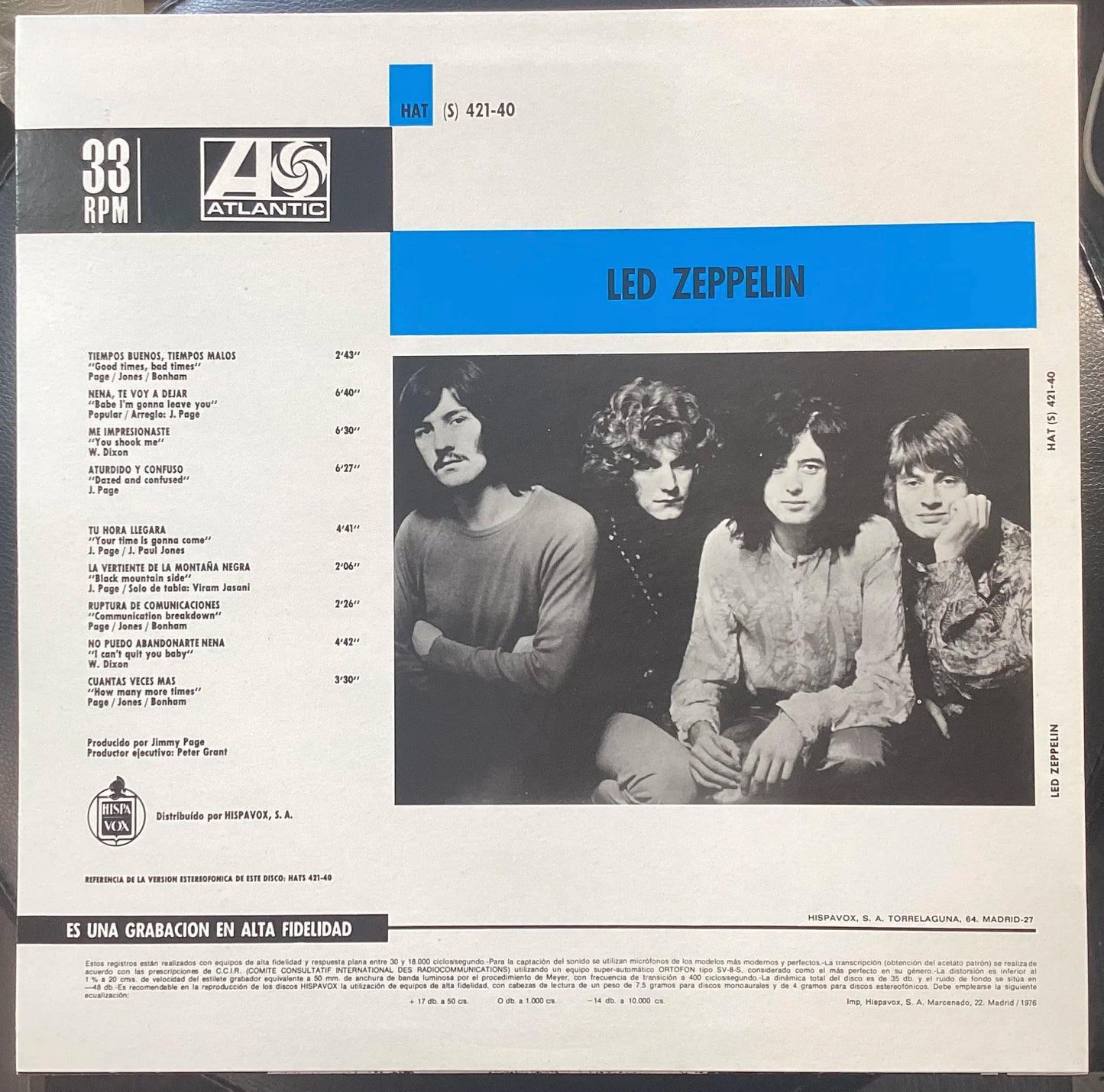 Led Zeppelin - Self-Titled, Spain 2010 Atlantic HATS 421-40, Blue Coloured Vinyl LP