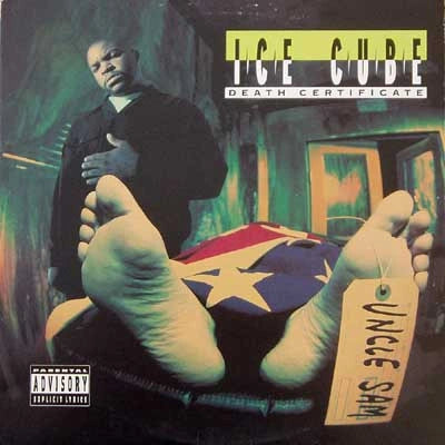 Album cover for 'Death Certificate' by Ice Cube featuring a dead person in a morgue  with an 'Uncle Sam' tag.