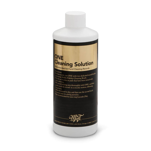A bottle of Mobile Fidelity Sound Lab ONE Cleaning Solution for hand cleaning records.