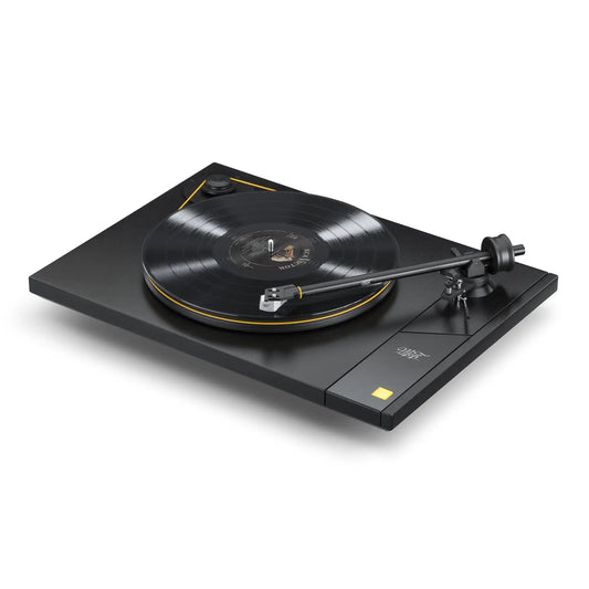 front angled view of Mo-Fi StudioDeck record player with UltraTracker cartridge, high-fidelity turntable