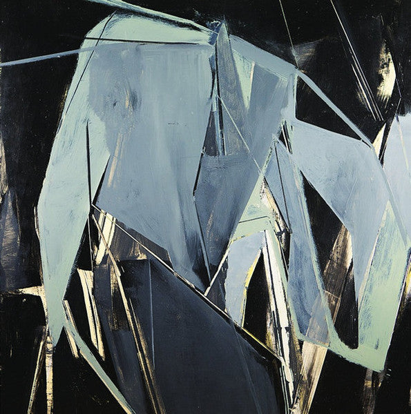 Peter Broderick, Gabriel Saloman with Abstract artwork featuring geometric shapes in black, white, and green 