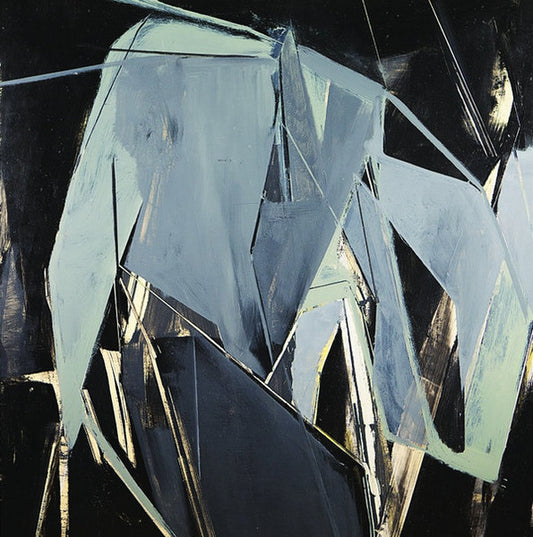 Peter Broderick, Gabriel Saloman with Abstract artwork featuring geometric shapes in black, white, and green 