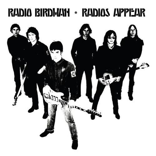 Black and white album cover of Radio Birdman band members with the title 'Radios Appear'.