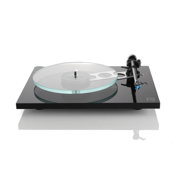 front view of Rega Planar 3 record player with ND5 cartridge, high-fidelity turntable, precision tonearm, sleek modern design
