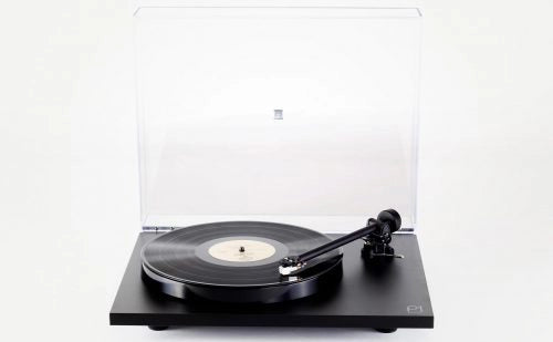Image of black Rega Planar 1 record player, belt-drive turntable
