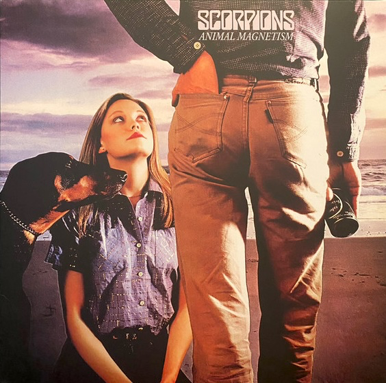 cover art of Scorpions album 'Animal Magnetism' with a person, woman, and dog on a beach
