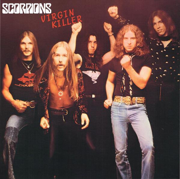 Album cover of 'Virgin Killer' by Scorpions featuring band members in a dynamic pose.