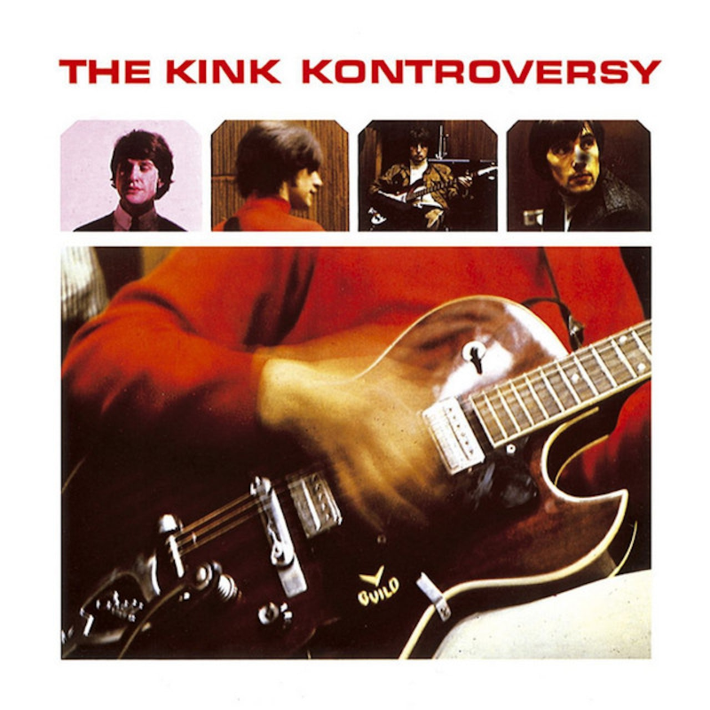 The Kinks - The Kink Kontroversy album cover, featuring a collage of the band members with a focus on the lead singer's red shirt and a close-up of a guitar.
