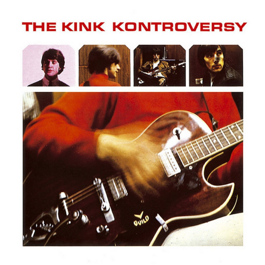 The Kinks - The Kink Kontroversy album cover, featuring a collage of the band members with a focus on the lead singer's red shirt and a close-up of a guitar.