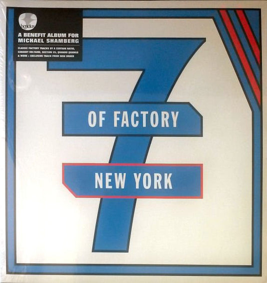 Factory Sealed LP record cover for 'Of Factory New York' featuring a graphic design with blue, red, and white colours and the text '7 of Factory NEW YORK' prominently displayed.