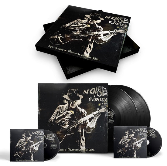 Deluxe edition box set for Neil Young's 'Promise Of The Real Noise And Flowers', including LP, CD, and Bluray, with a black and white photo of Neil Young on the cover.