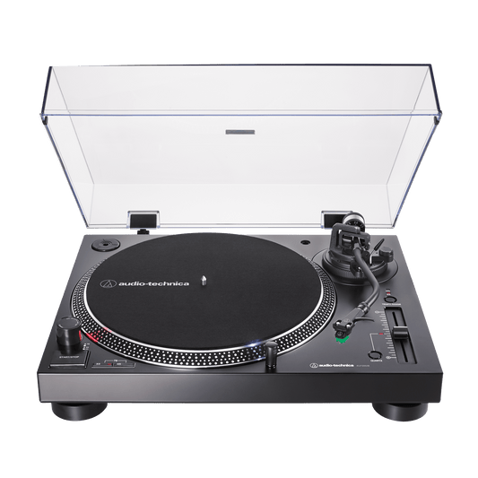 Front view of Audio-Technica AT-LP120XUSB record player black, direct-drive turntable, built-in phono preamp, USB vinyl playback