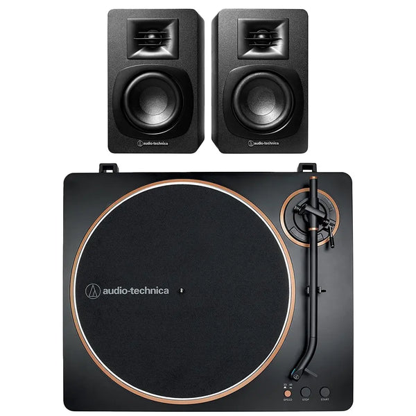 Audio Technica AT-LP70X Fully Automatic Turntable (black/bronze) + SP3X Powered Bookshelf Speakers Package