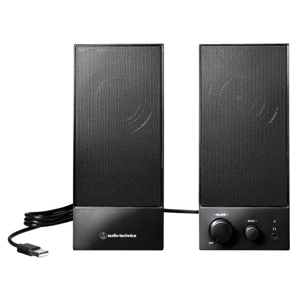 front of Audio-Technica AT-SP105 powered bookshelf speakers