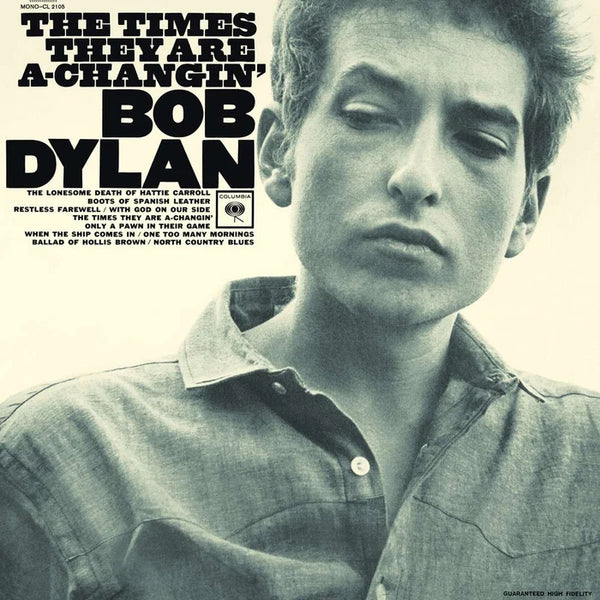 Album cover featuring Bob Dylan with text 'The Times They Are A-Changin''