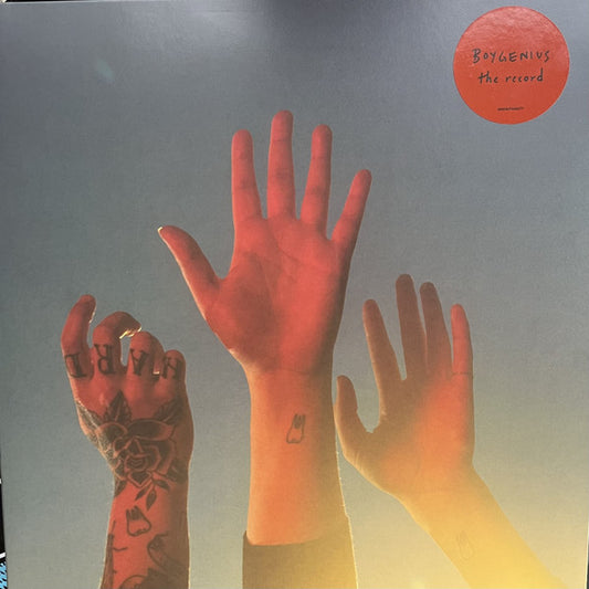 The Record vinyl by Boygenius album cover with 3 hands raised in the air