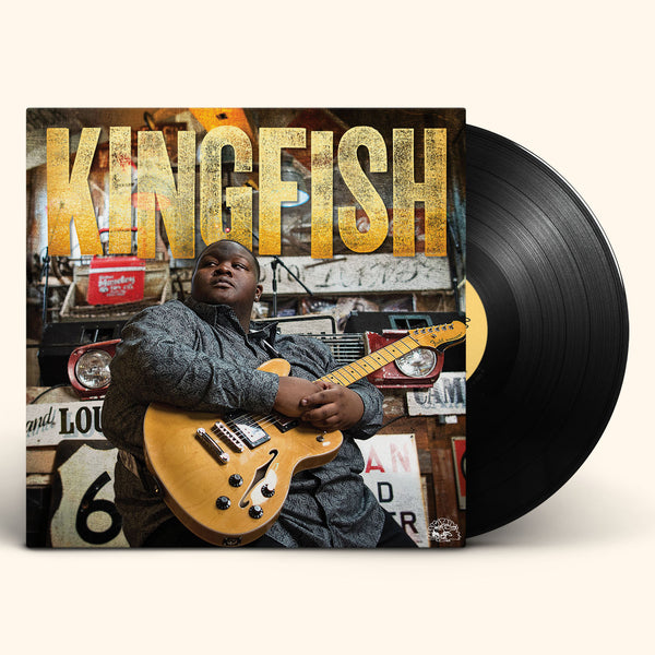 Vinyl LP cover of Christone Kingfish Ingrim - Kingfish, featuring a black record with the artist's photo and a guitar.