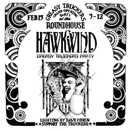 Black and white album cover for Hawkwind Greasy Truckers Party featuring illustrated elements and text detailing the album title and artist name.