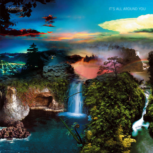 Album cover art for Tortoise's 'It's All Around You' featuring a vivid and colorful landscape with waterfalls and lush trees.