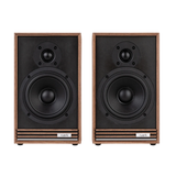 front view of Ruark Sabre-R Bookshelf Speakers, black compact hi-fi stereo speakers with no grill cloth
